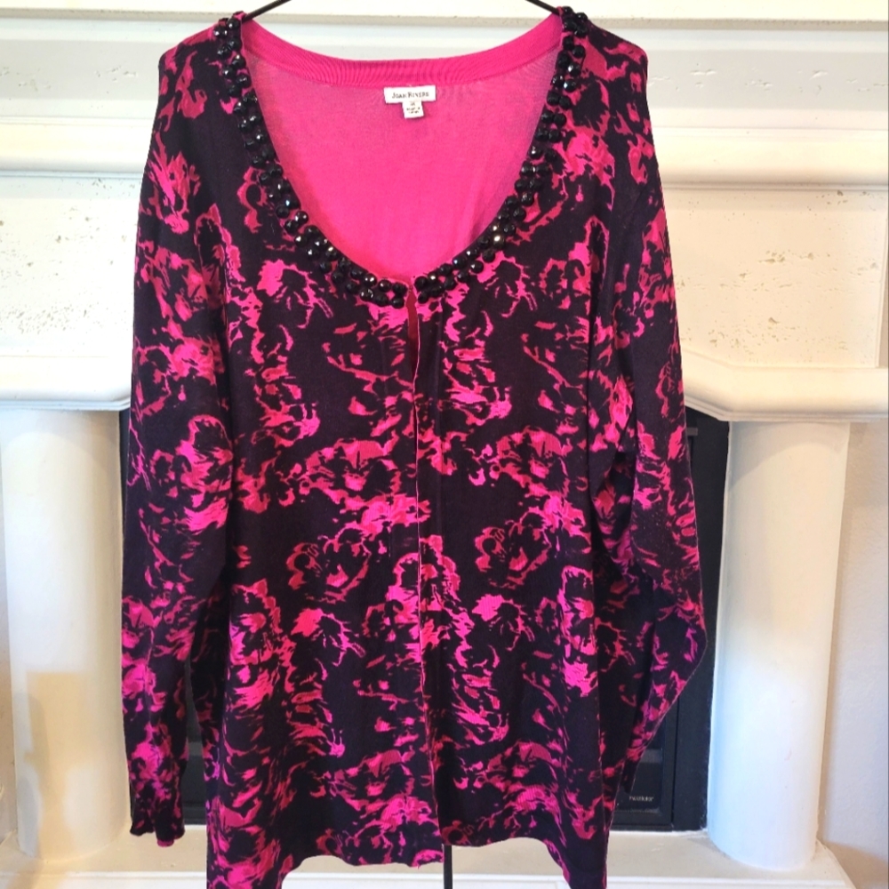 Joan Rivers Plus Size 3X Pink and Black Cardigan Sweater with black jeweled neck